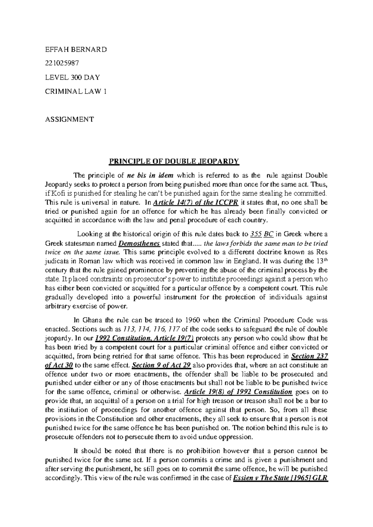 Principle of Double Jeopardy in Criminal Law 1 (Level 300) - Studocu