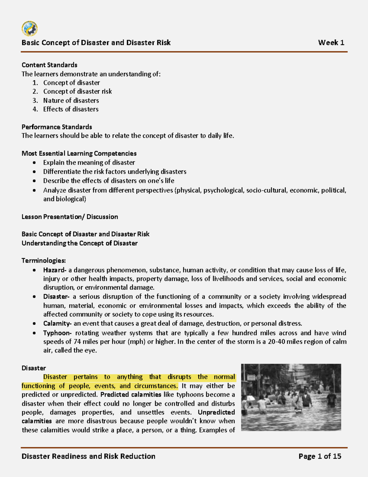 WEEK1-M-Understanding Disaster Concepts and Risk Factors - Studocu