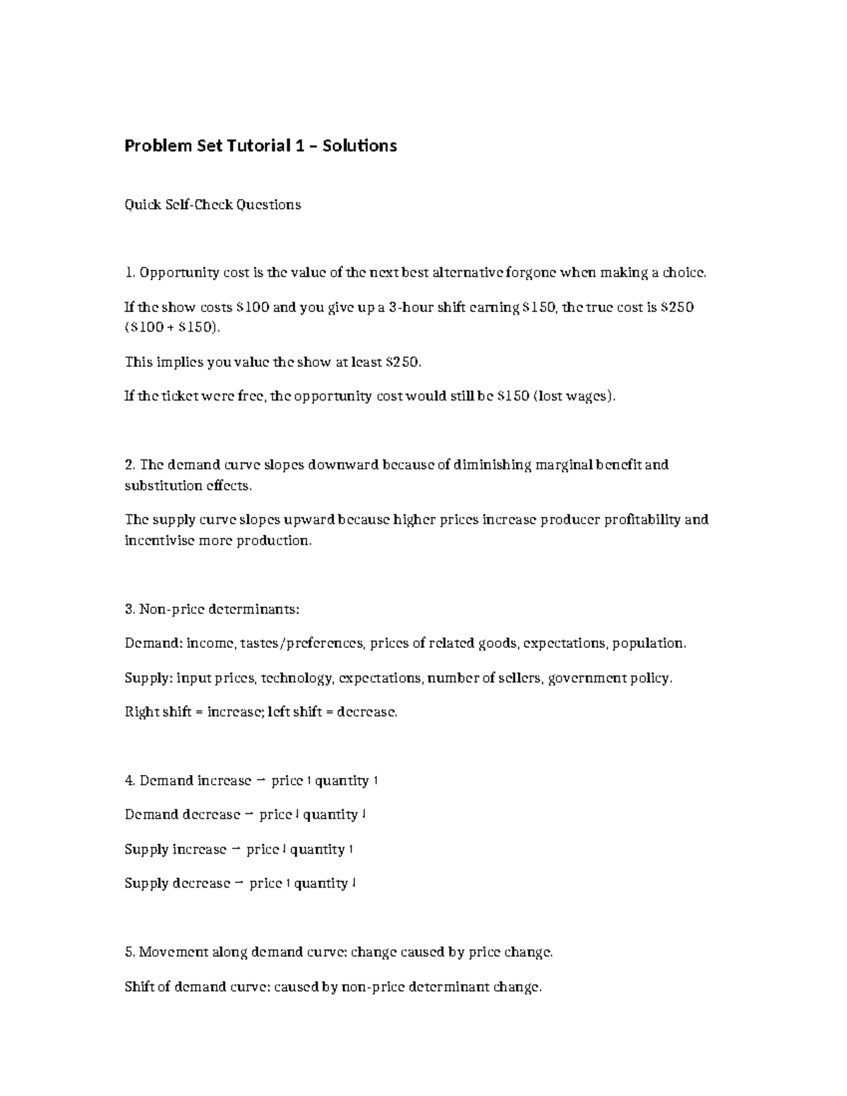 Economics Tutorial 1: Problem Set Solutions and Key Concepts - Studocu
