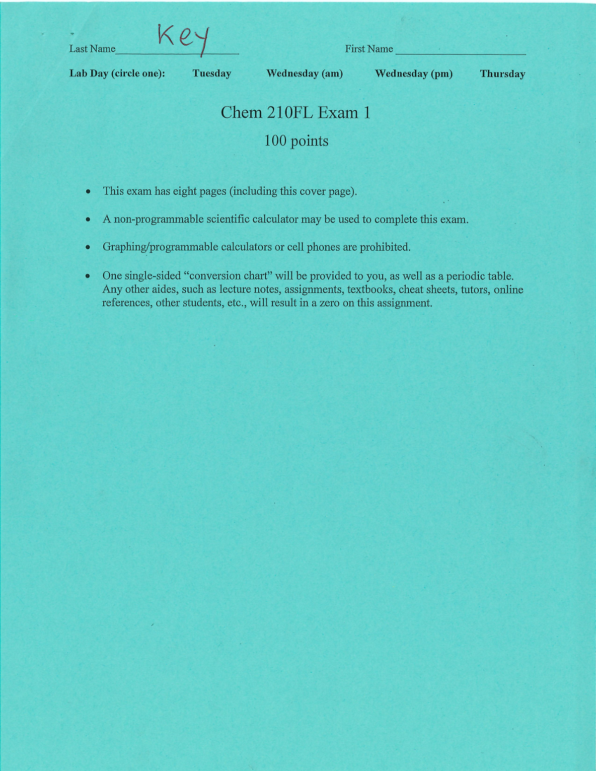 Spring 2019 Exam 1 Version A Key - Last Name Key First Name Lab Day ...