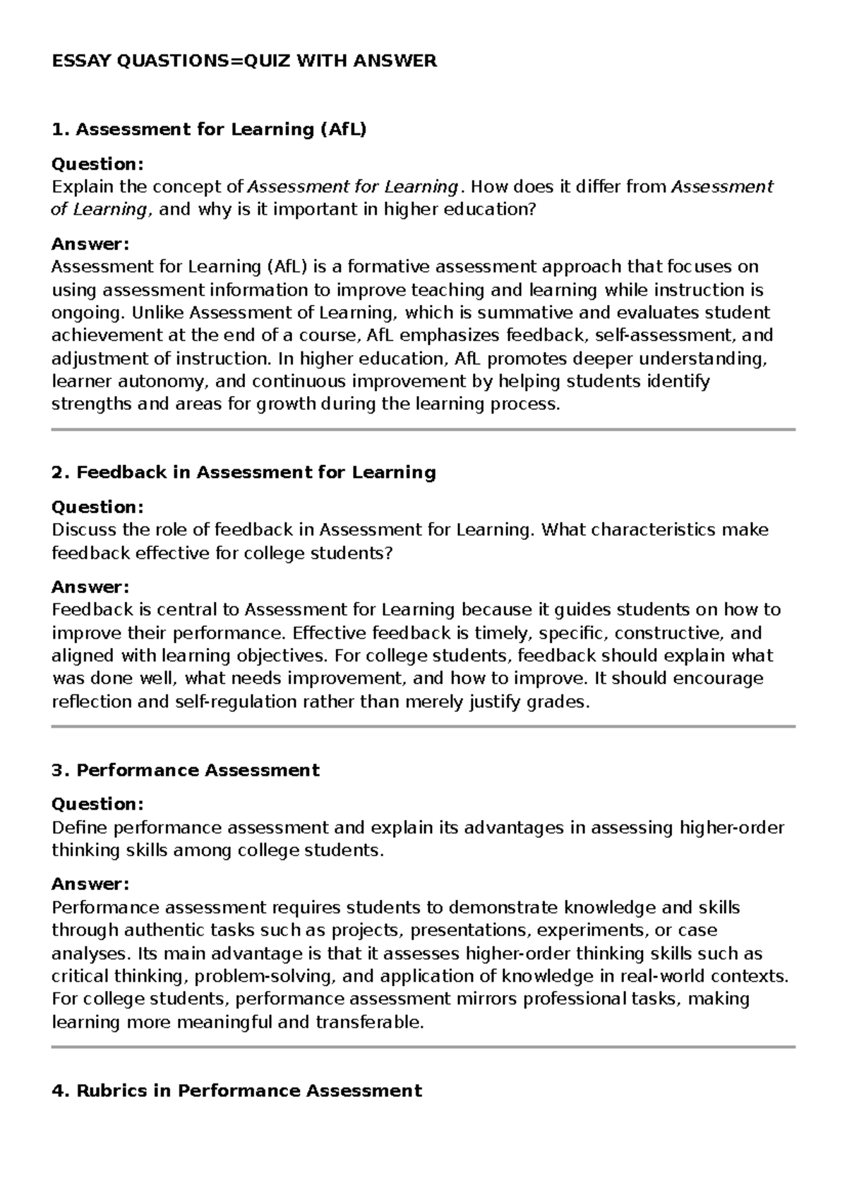 Essay Questions with Answers: Quiz Jan 17, 2026 - Studocu