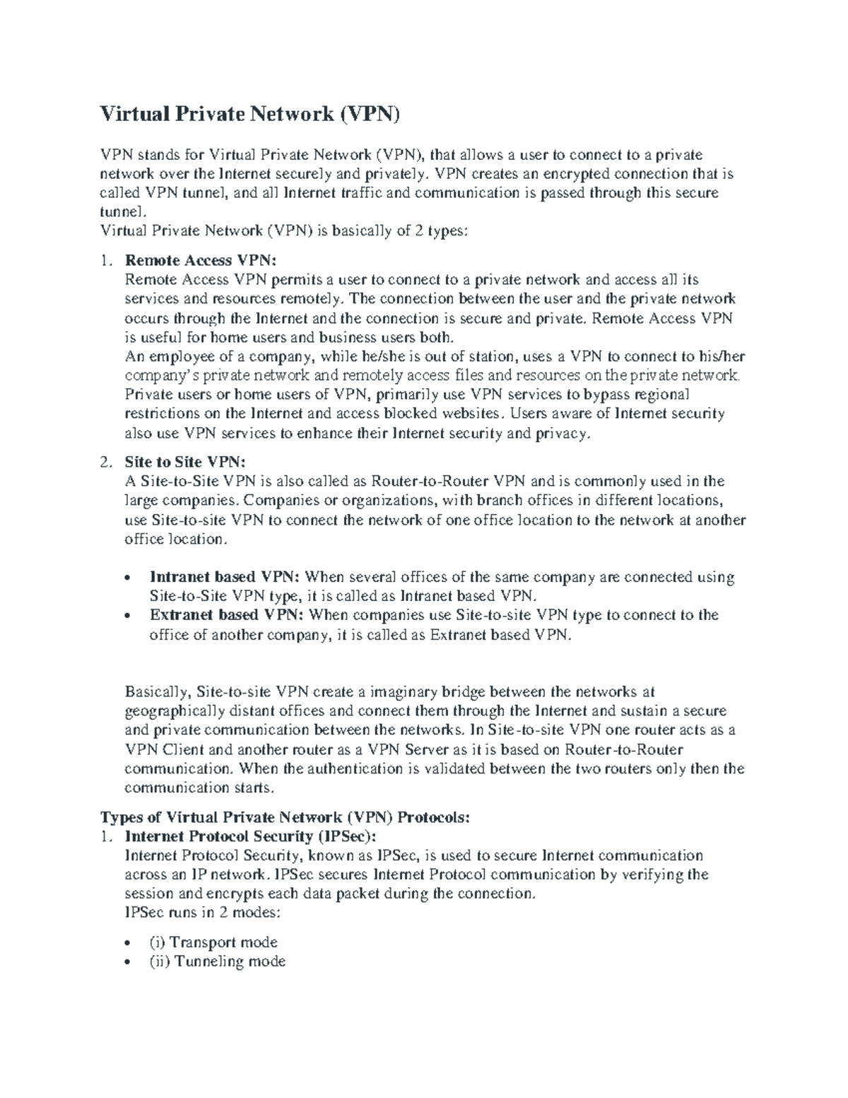 VPN: Comprehensive Notes on Types, Protocols, and Security - Studocu