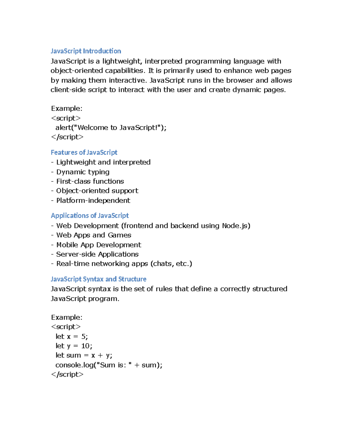 JavaScript Intro: Key Features, Syntax & Applications Overview - Studocu