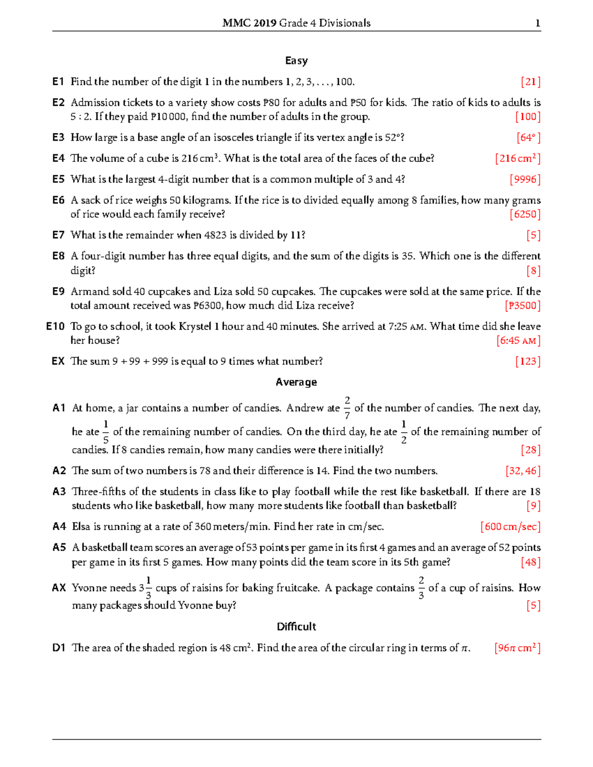 2019 Math Challenge Grade 4 Division - MMC 2019 Grade 4 Divisionals 1 ...