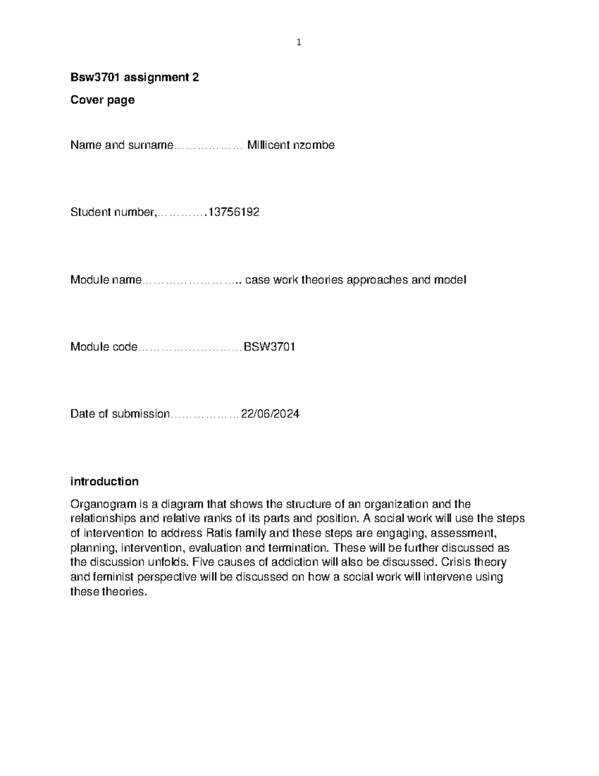 Bsw3701 assignment 2 - Bsw3 701 assignment 2 Cover page Name and ...