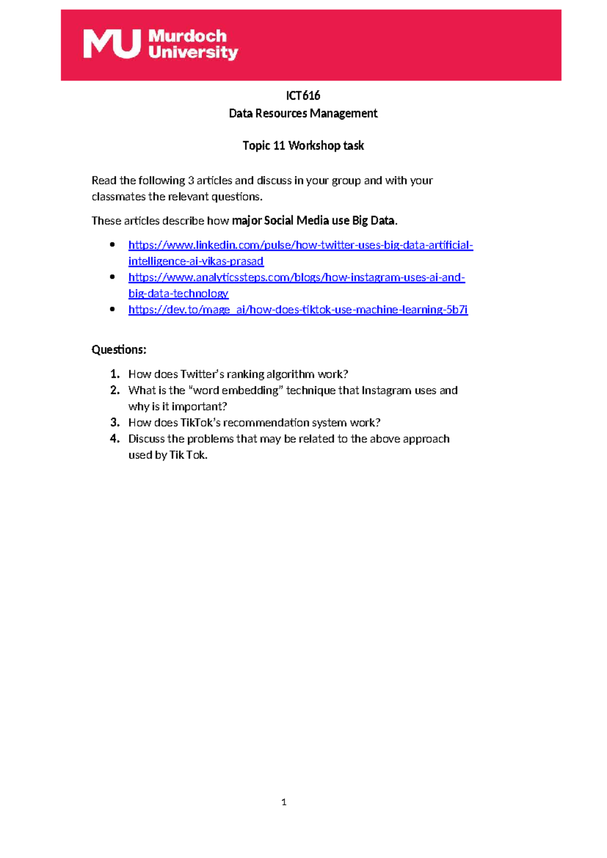Topic 11 In Class Activity - ICT Data Resources Management Topic 11 ...