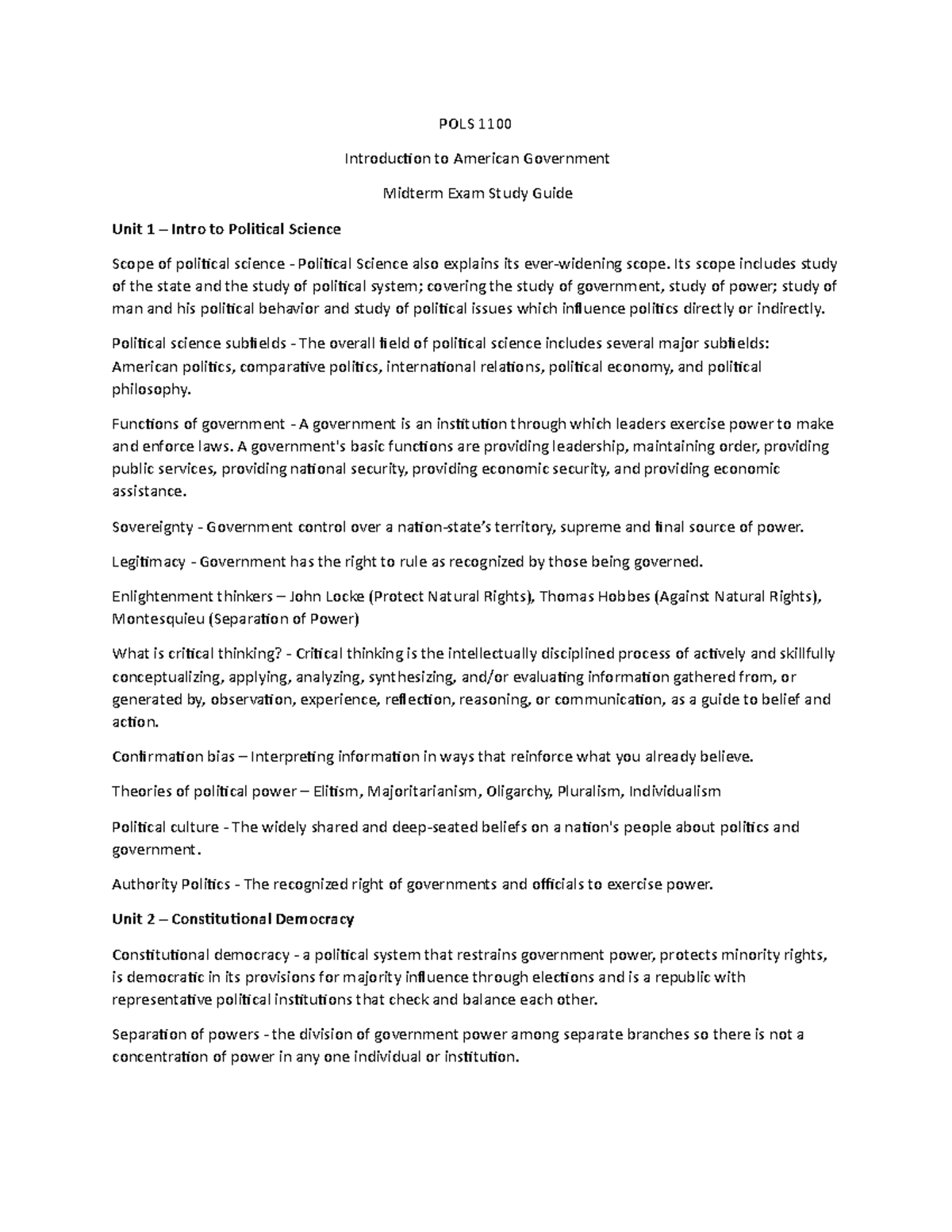 POLS 1100 Midterm Exam Study Guide: Key Concepts in American Government ...