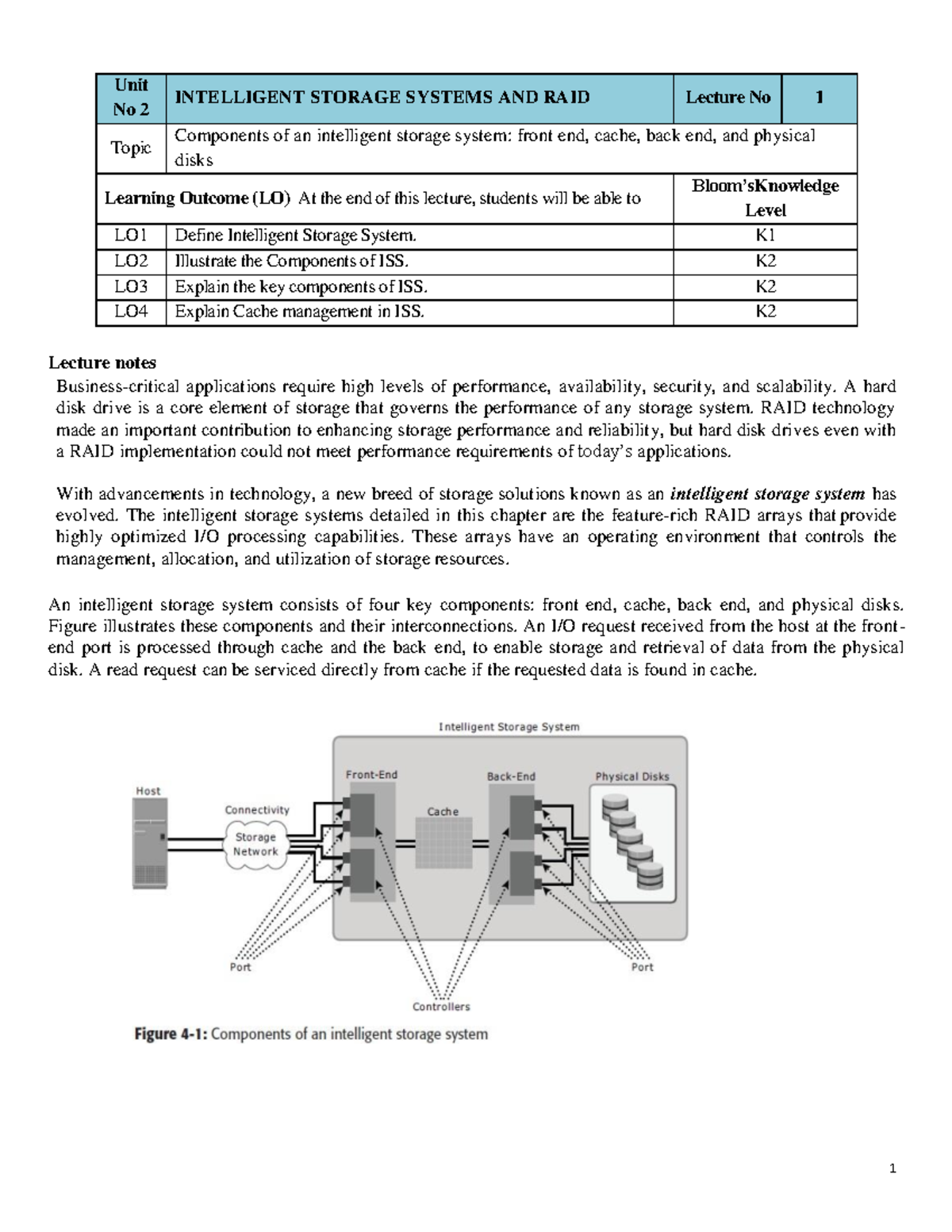Unit 2 Storage Lecture notes - 1 Unit No 2 INTELLIGENT STORAGE SYSTEMS ...
