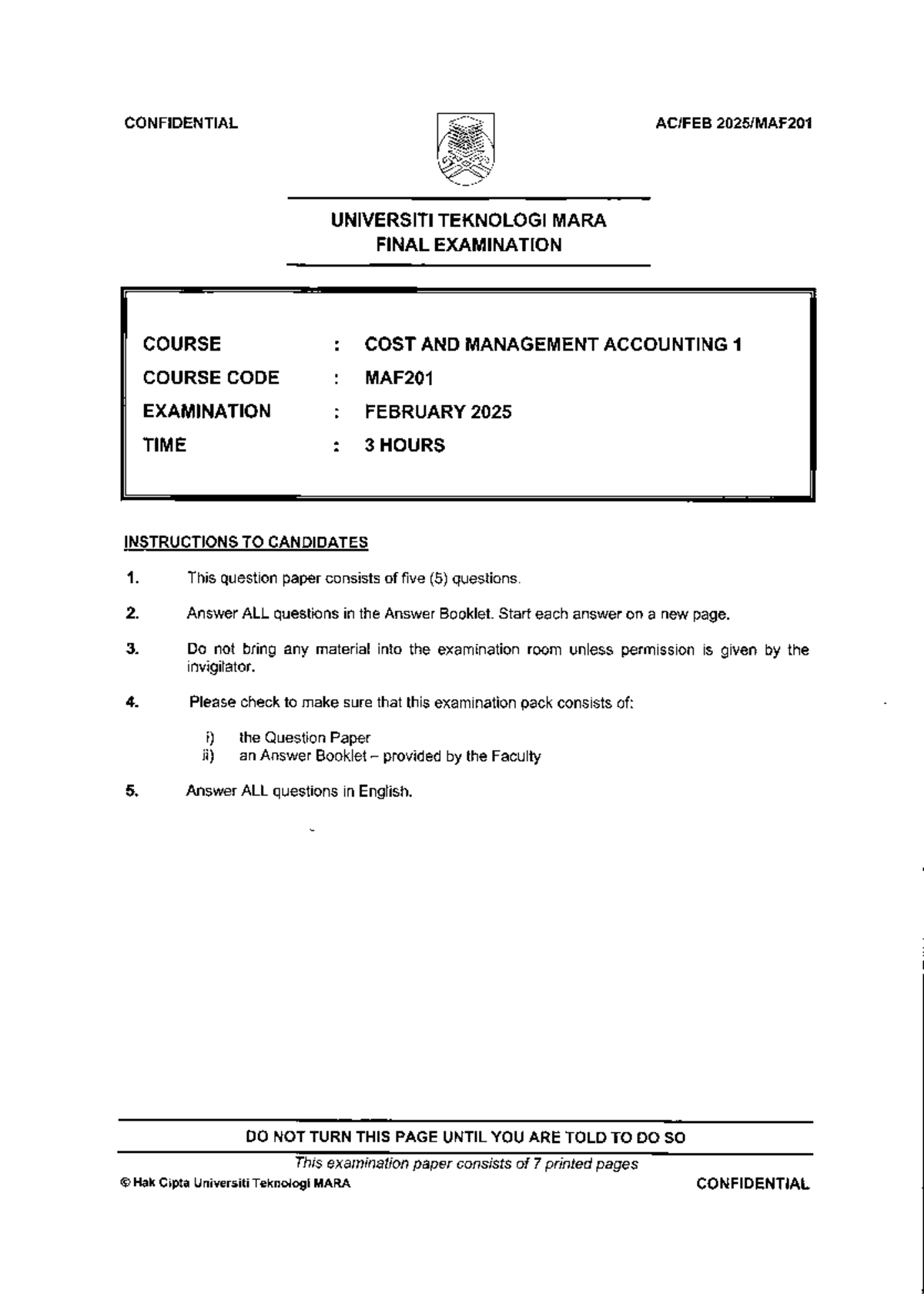 MAF201 - Final Exam Practice Questions for Cost & Management Accounting ...