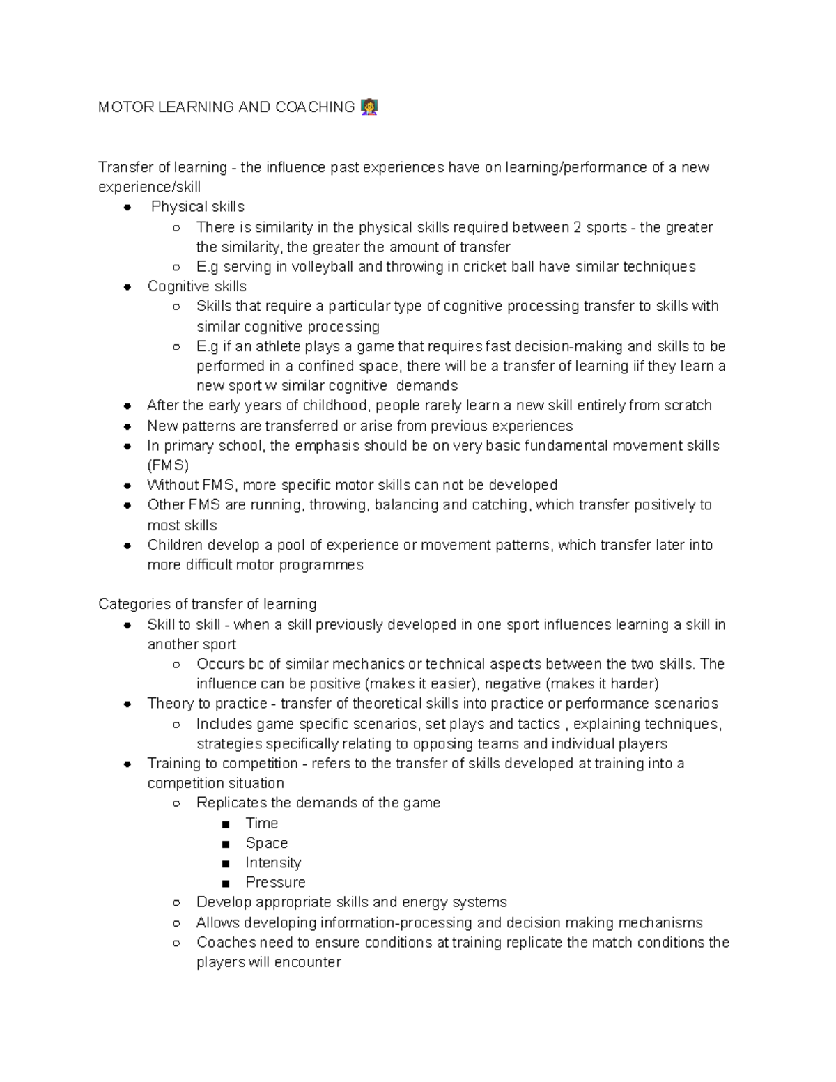 MOTOR LEARNING AND COACHING: Transfer of Skills in Sports - Studocu