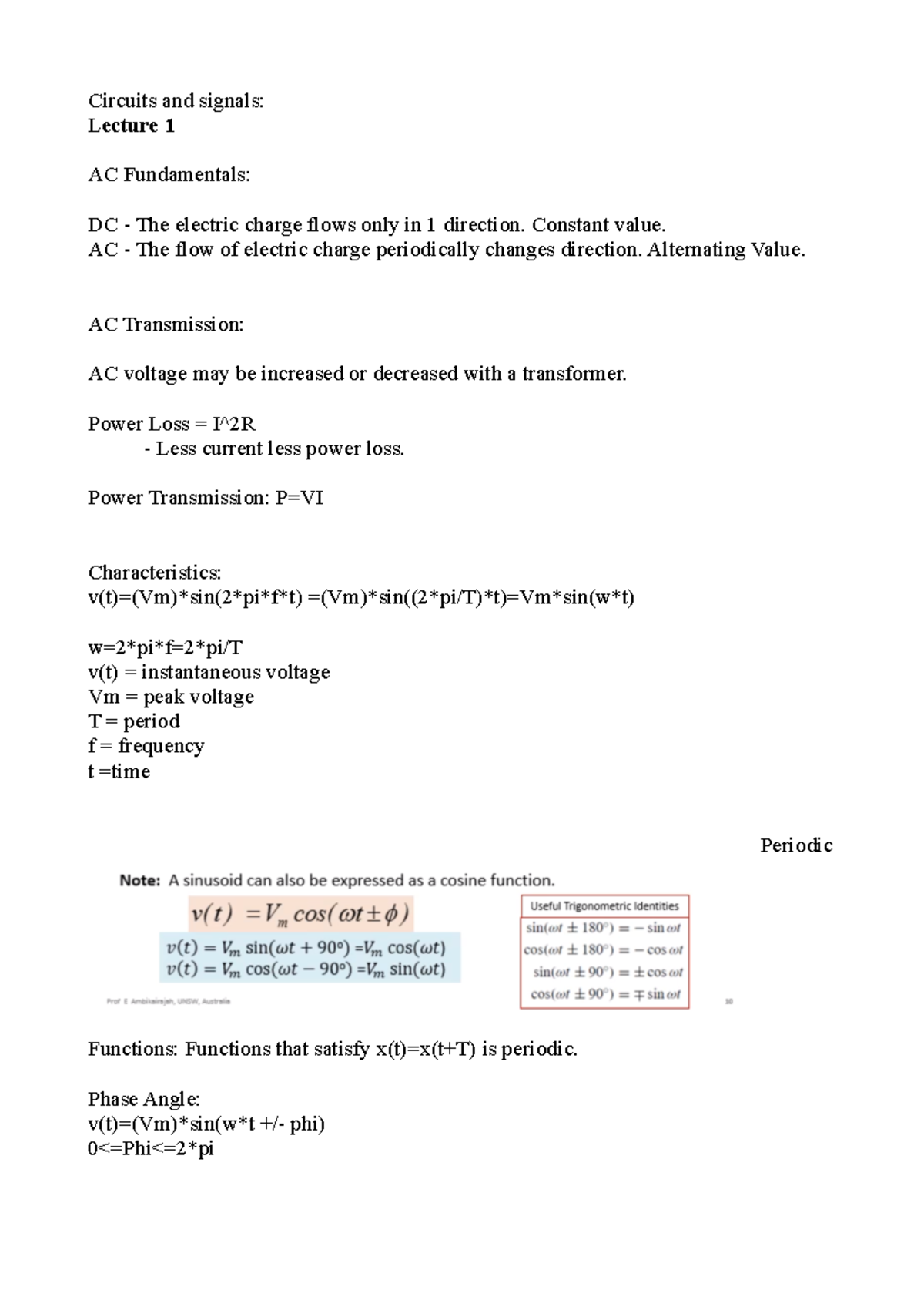 Lecture 1,2 ELEC2134 notes - Circuits and signals: L ecture 1 AC ...