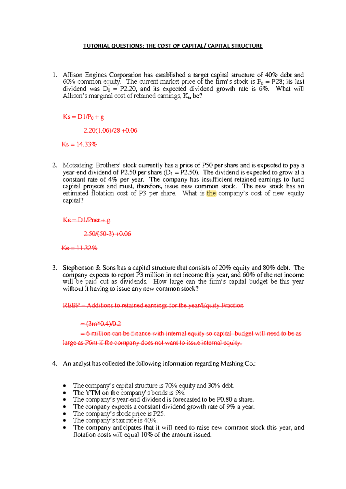 WACC Tutorial Questions and Calculations - 2020 Edition - Studocu