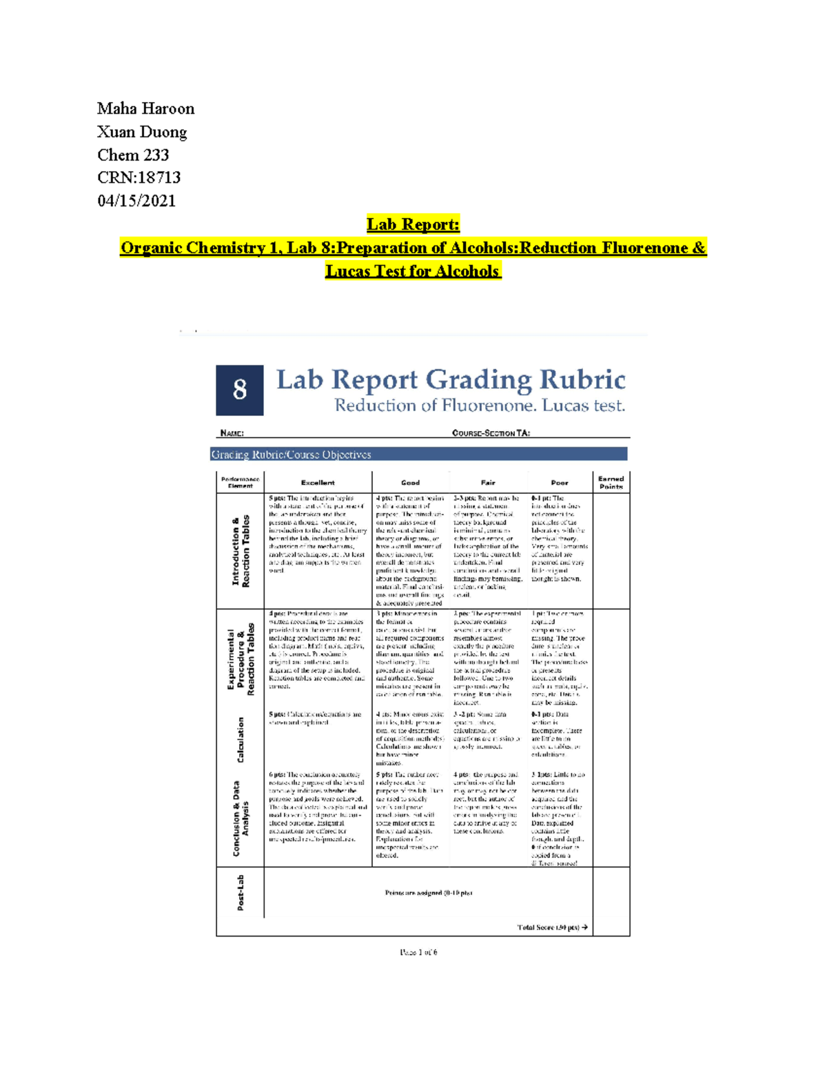 Chem 233: Orgo Lab Report on Alcohol Preparation & Lucas Test - Studocu