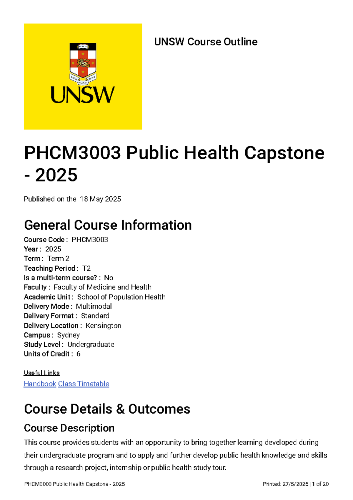 PHCM3003 Public Health Capstone Course Outline for 2025 Term 2 - Studocu