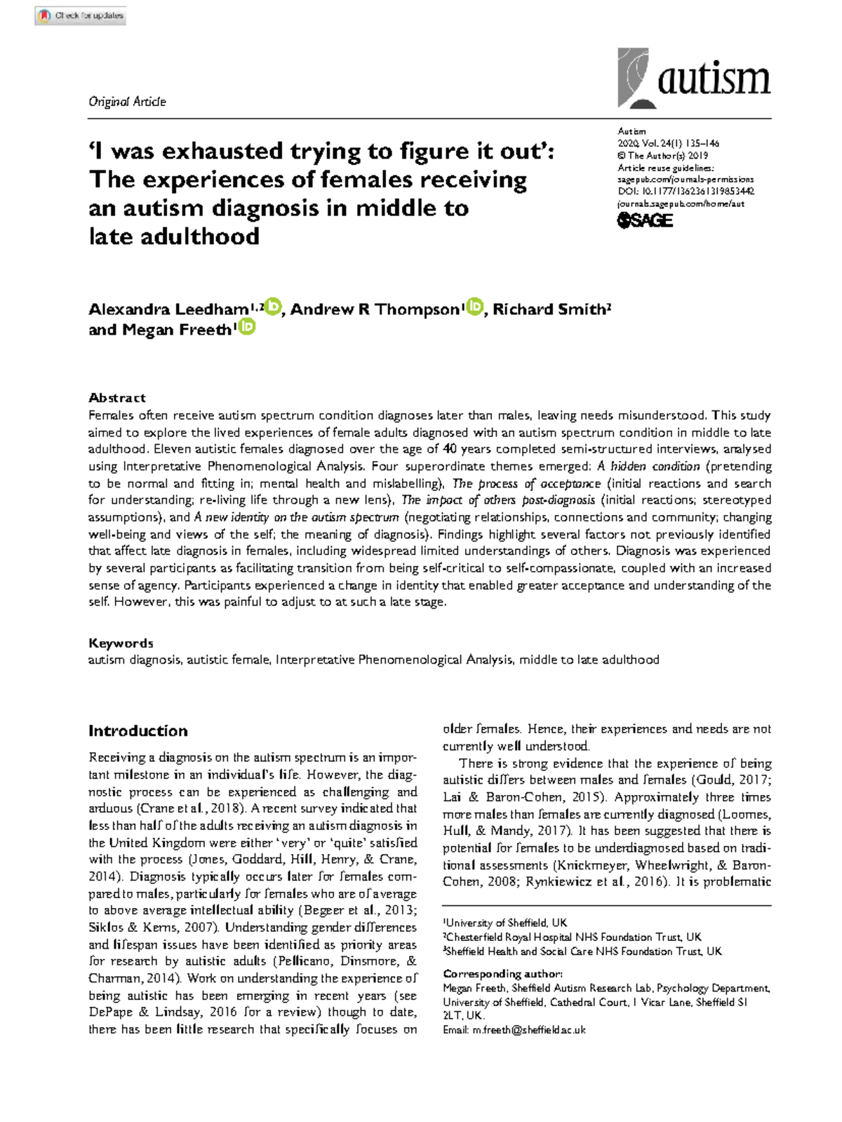 Autism 853442: Experiences of Women Diagnosed in Mid to Late Adulthood ...