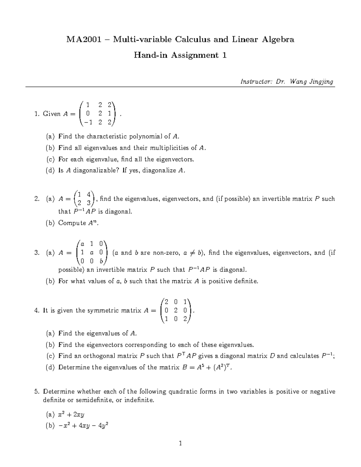 MA2001 Calculus & Linear Algebra Assignment 1 Solutions - Studocu