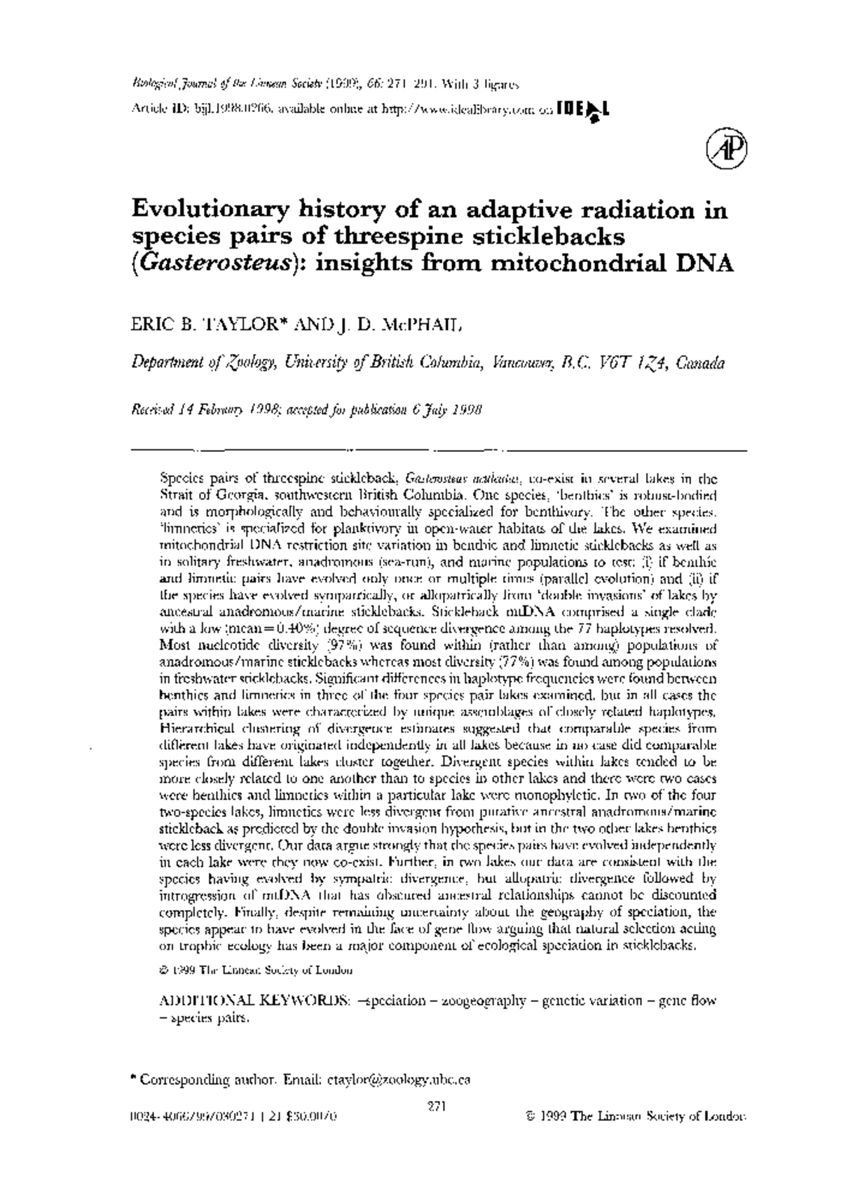 Evolutionary History of Threespine Sticklebacks (Gasterosteus) in ...