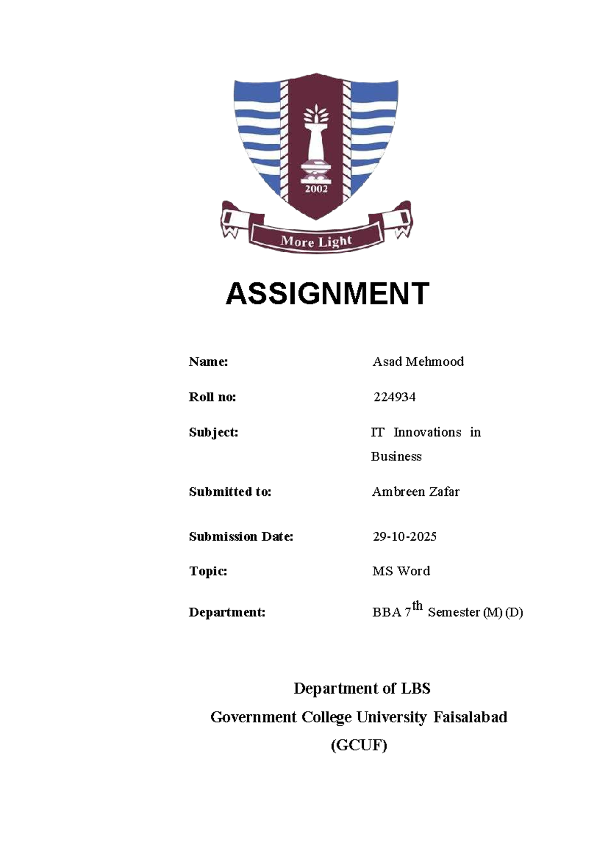 BBA 7th Sem (M) IT Innovations in Business: MS Word Assignment Notes ...