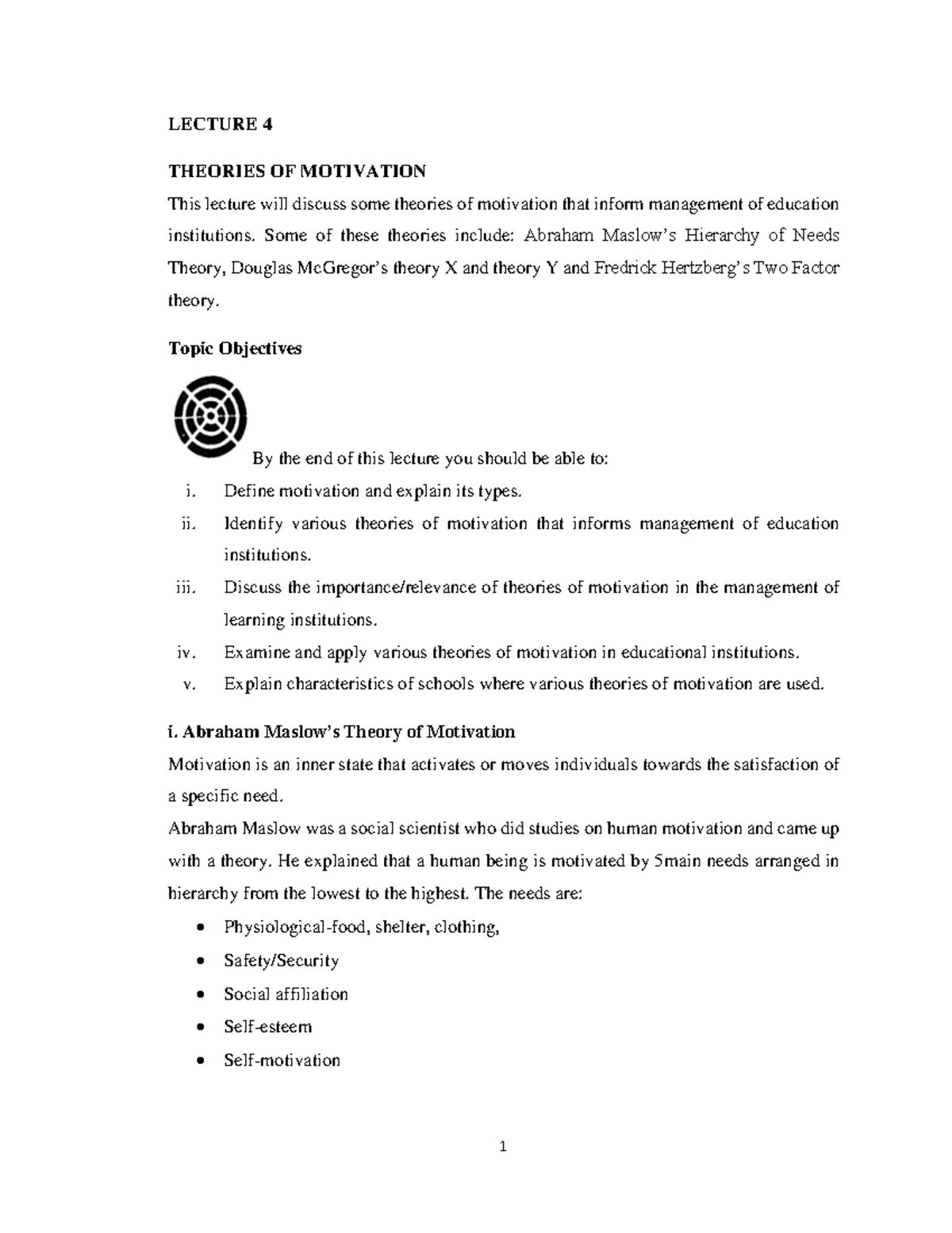LECTURE 4: THEORIES OF MOTIVATION IN EDUCATIONAL MANAGEMENT - Studocu