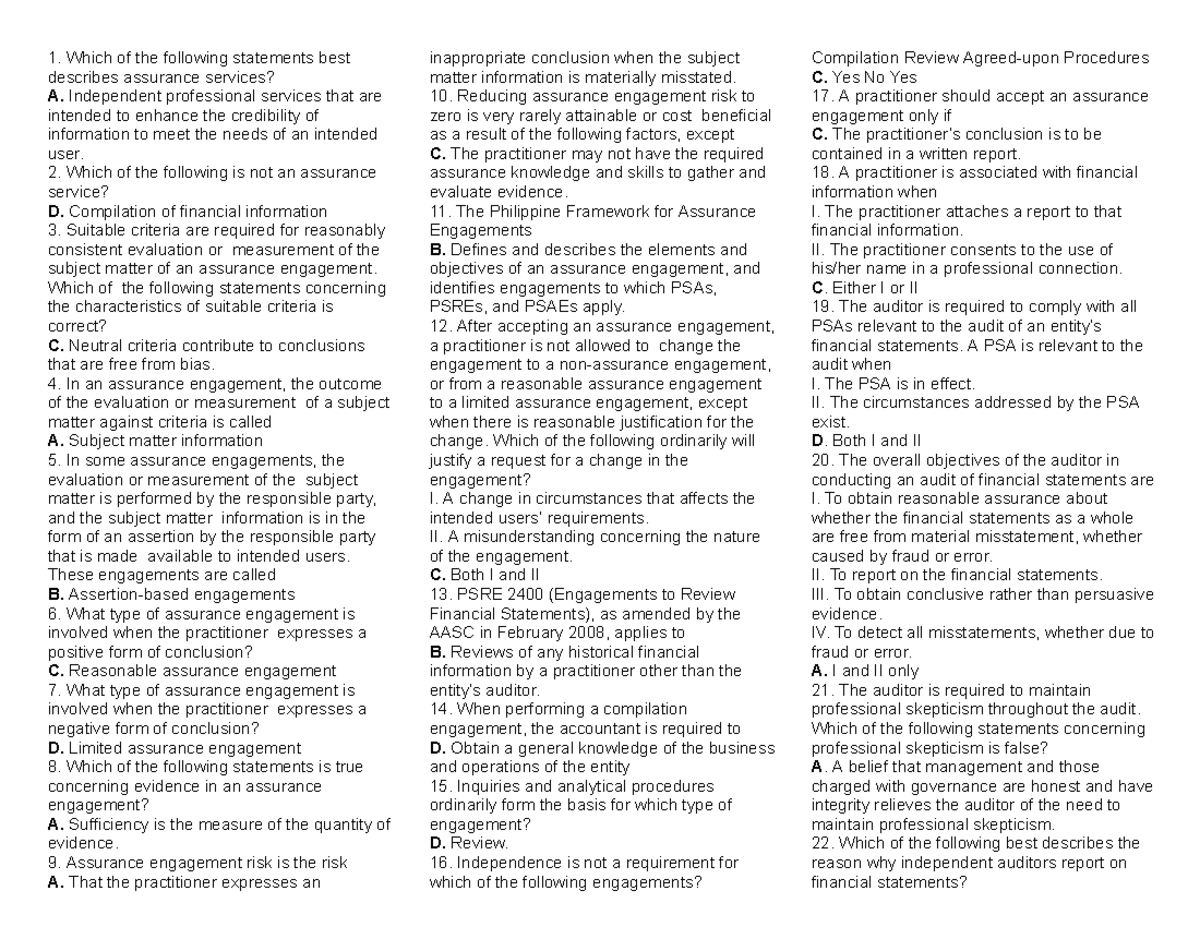Audit Review Notes for Assurance Services (ACCT 101) - Studocu