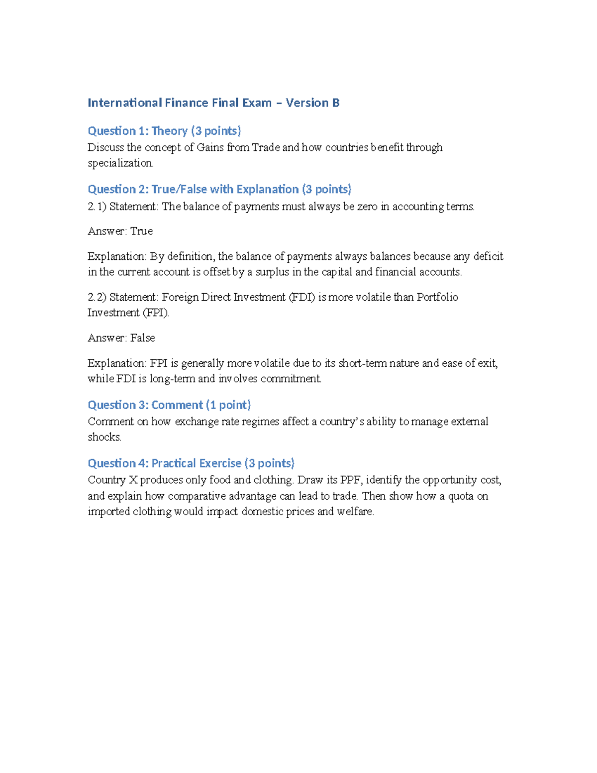 International Finance FIN 301 Final Exam Version B Study Guide - Studocu