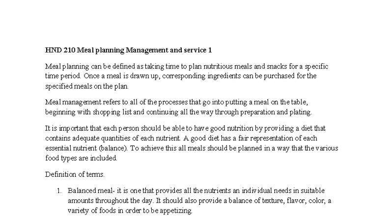 HND 210 Meal Planning Management & Service 1: Tutorial 1 Notes - Studocu