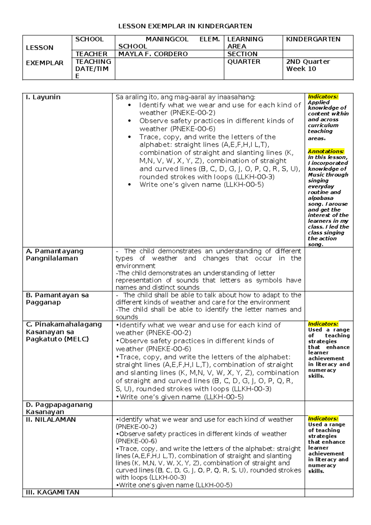 KINDERGARTEN LESSON PLAN: WEATHER & ALPHABET SKILLS (E.I.) - Studocu