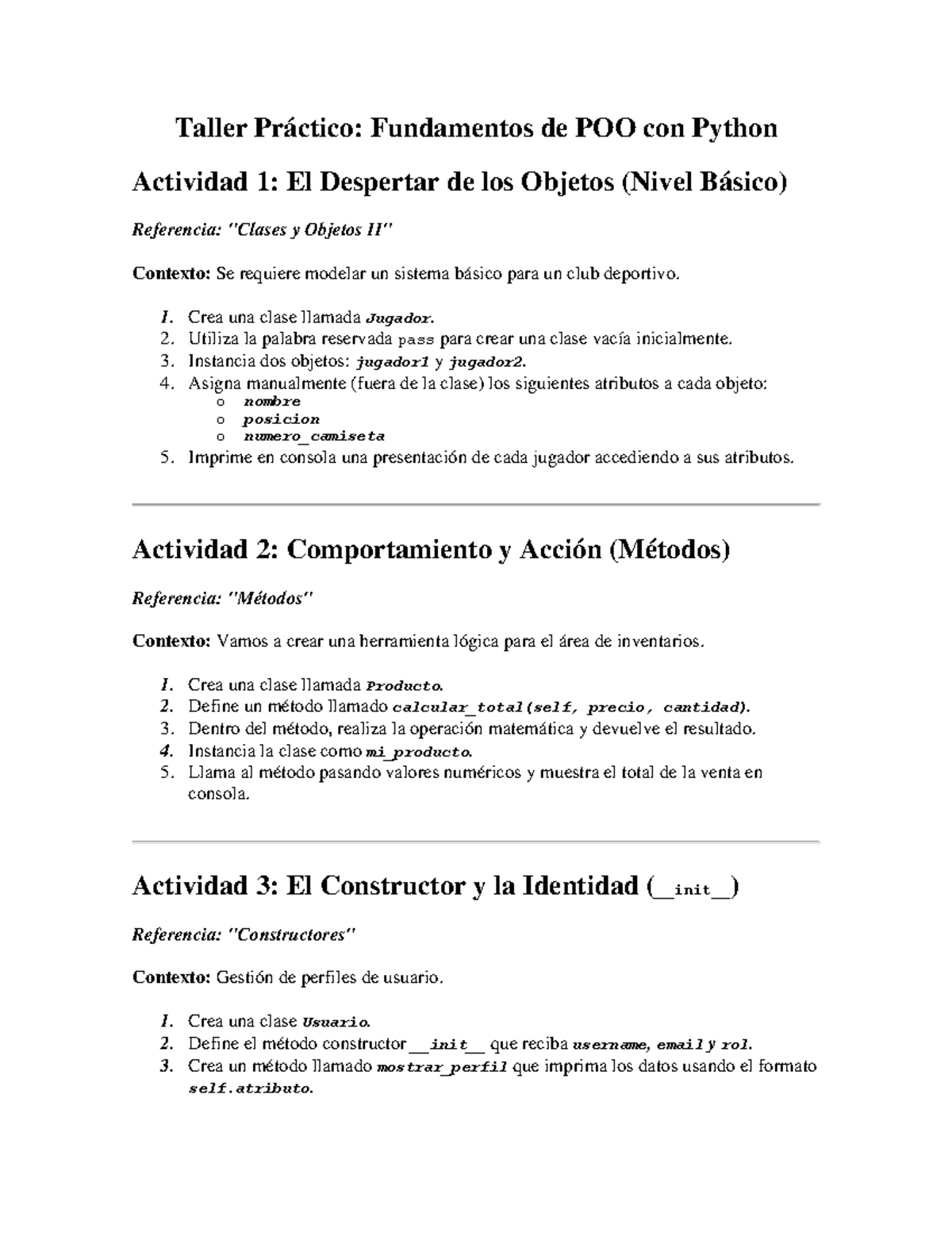 Taller Práctico: Fundamentos de POO con Python - Actividades 1-3 - Studocu