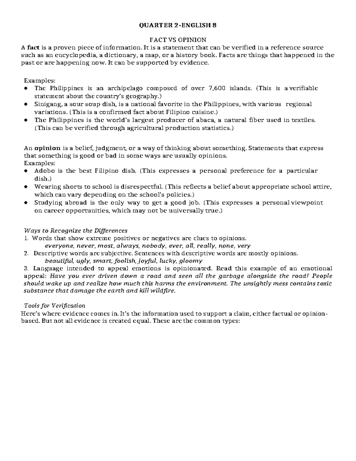 FACT VS OPINION - LECTURE NOTES (Quarter 8) - Studocu