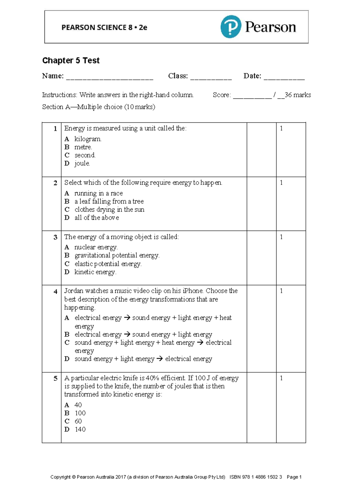 Chap 5 Test: Energy Concepts - Pearson Student Version - Studocu