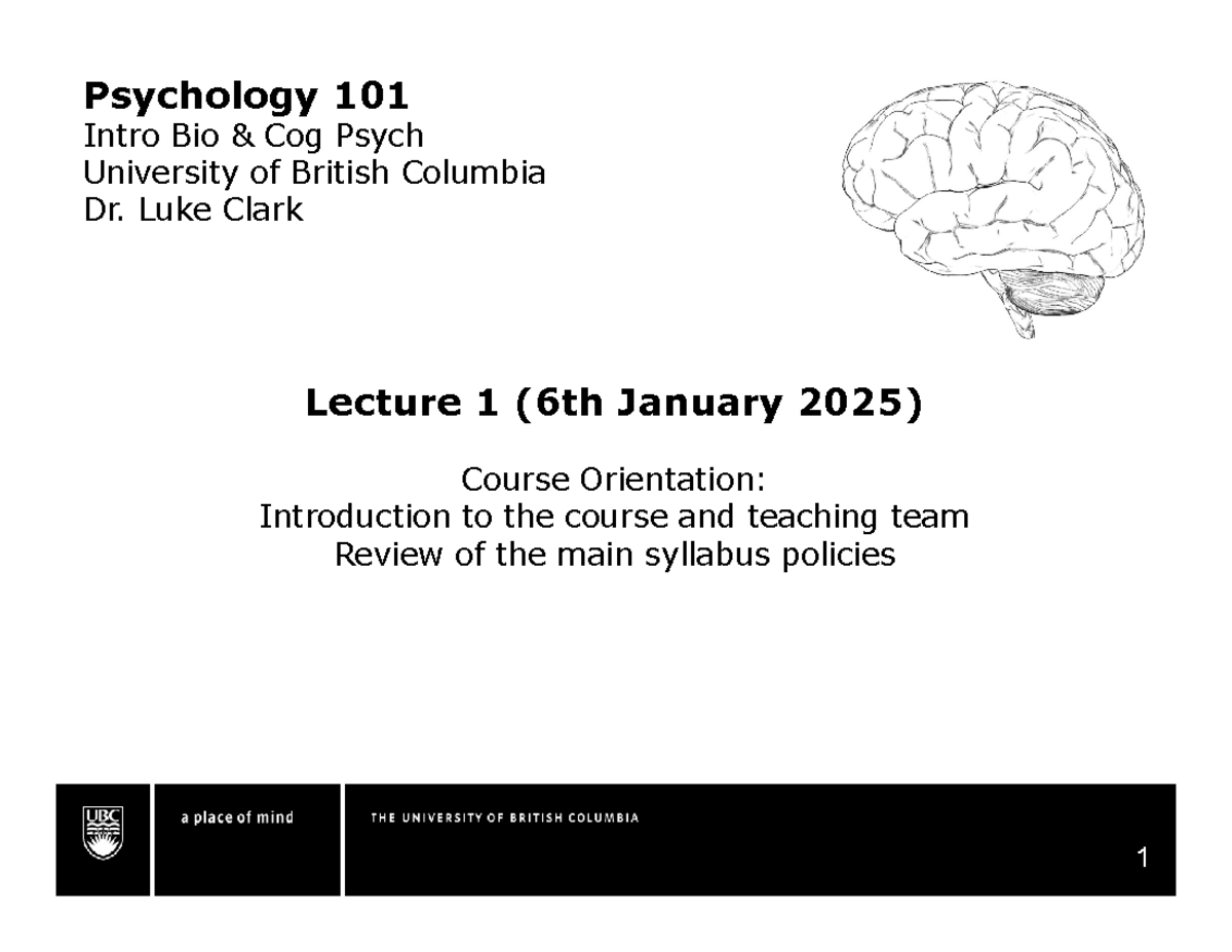 Psyc 101 Lecture 1: Course Orientation & Syllabus Overview (Jan 6, 2025 ...