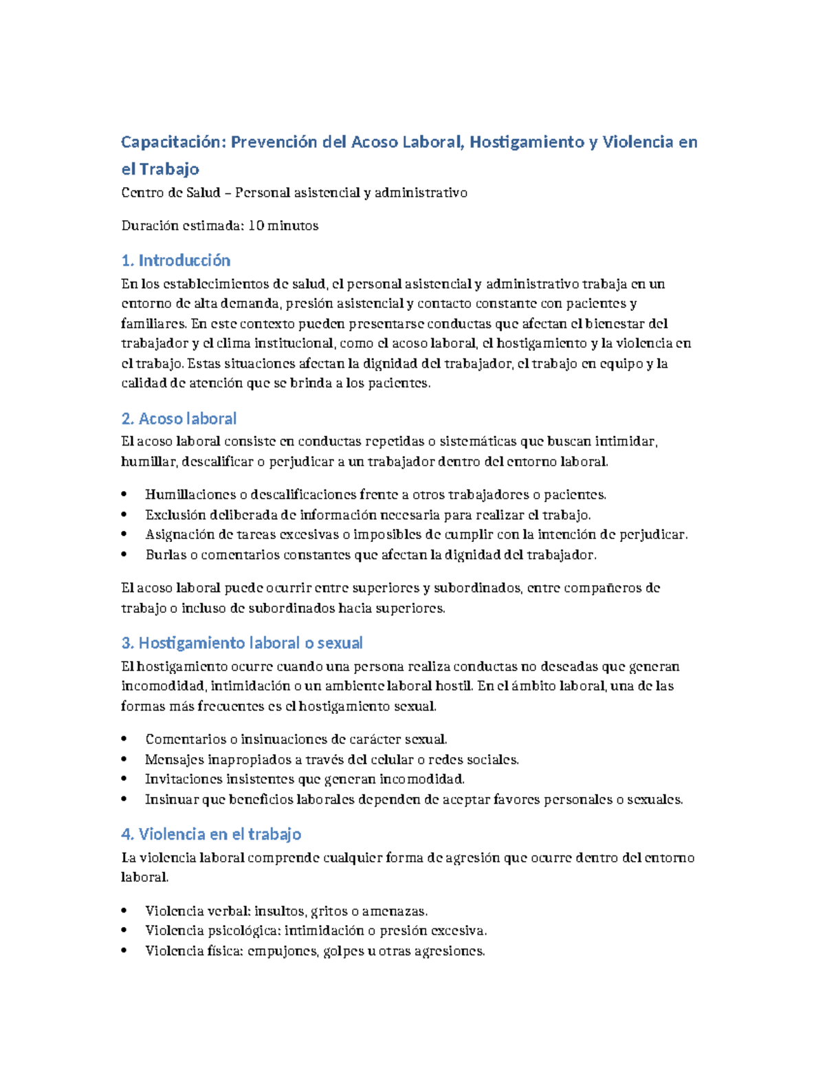 Capacitación: Prevención del Acoso Laboral en el Centro de Salud - Studocu