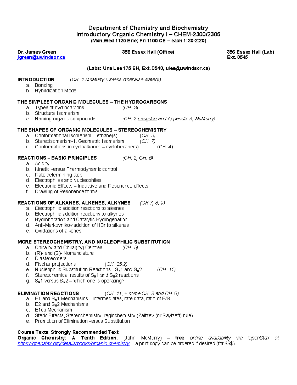 CHEM 2300: Introductory Organic Chemistry I - Course Outline - Studocu