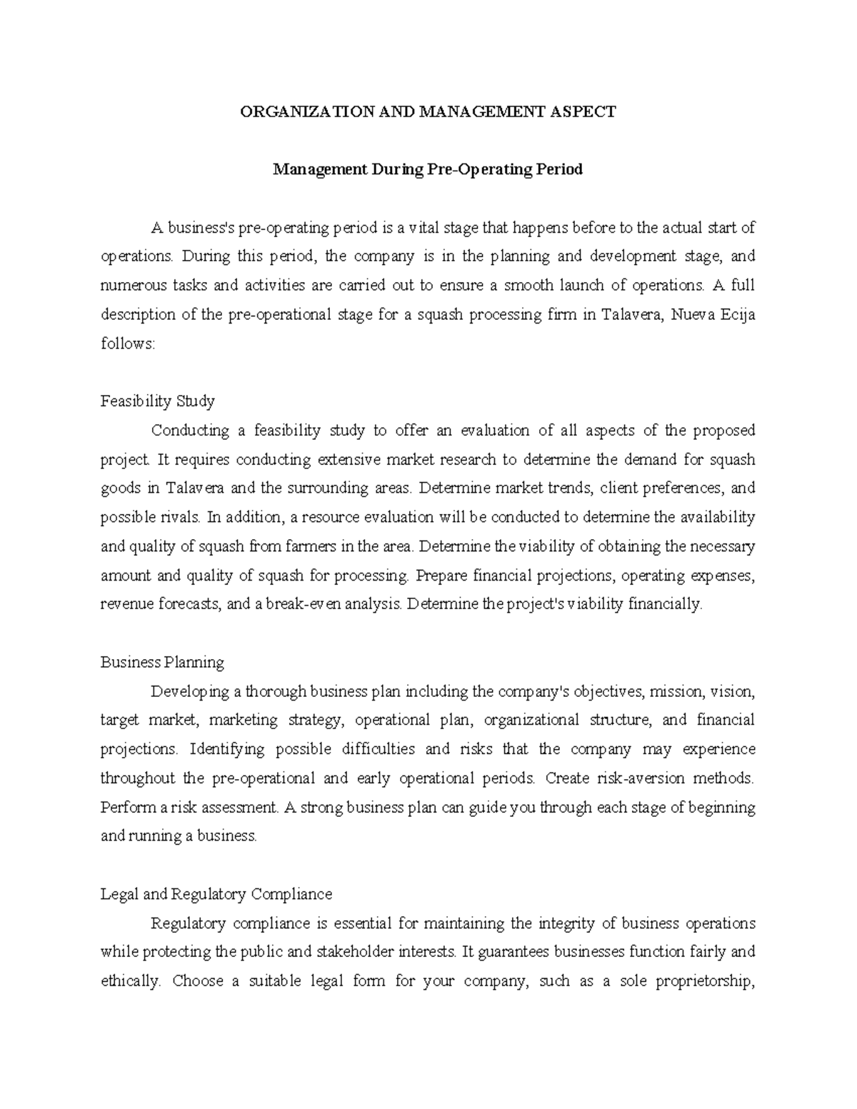 Title: MGT 101: Organization and Management Aspects in Pre-Operating ...