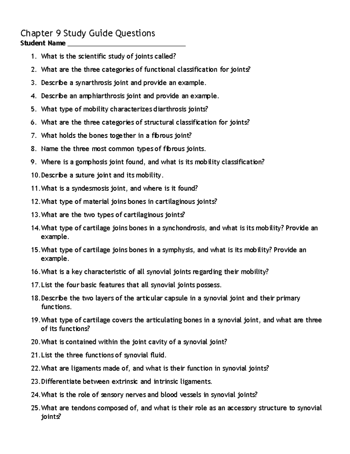 Chapter 9 Study Guide: Joint Classifications & Characteristics - Studocu