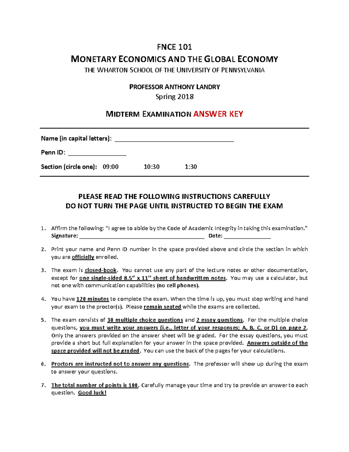 Midterm Exam Answer Key for FNCE 101 by Professor Landry - Studocu