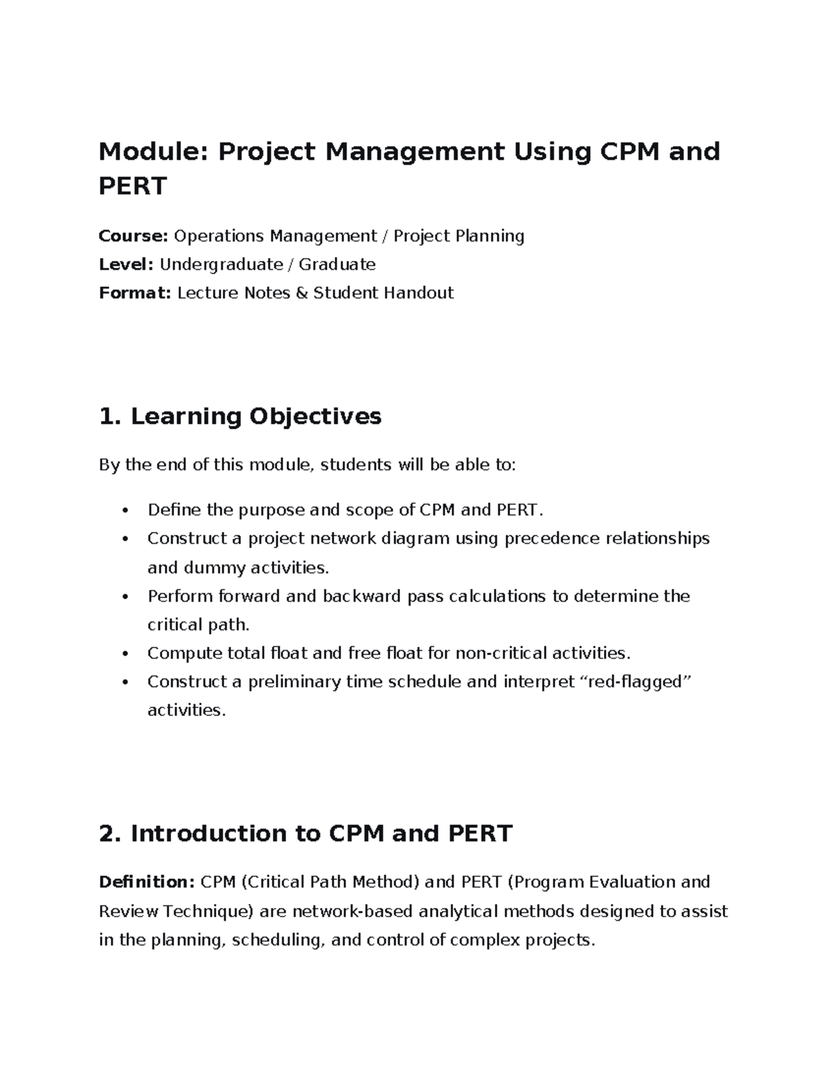 Project Management Lecture Notes: CPM & PERT (OM 101) - Studocu