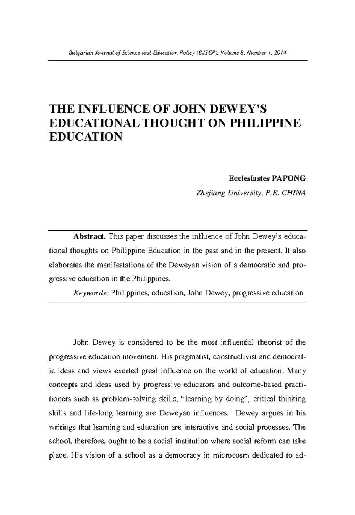 The Influence of John Dewey on Philippine Education (BJSEP, Vol. 8, No ...