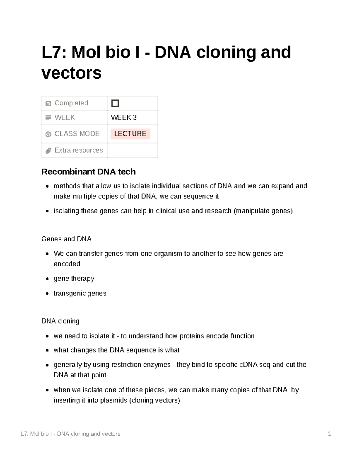 L7: Molecular Biology I - DNA Cloning and Vector Techniques - Studocu