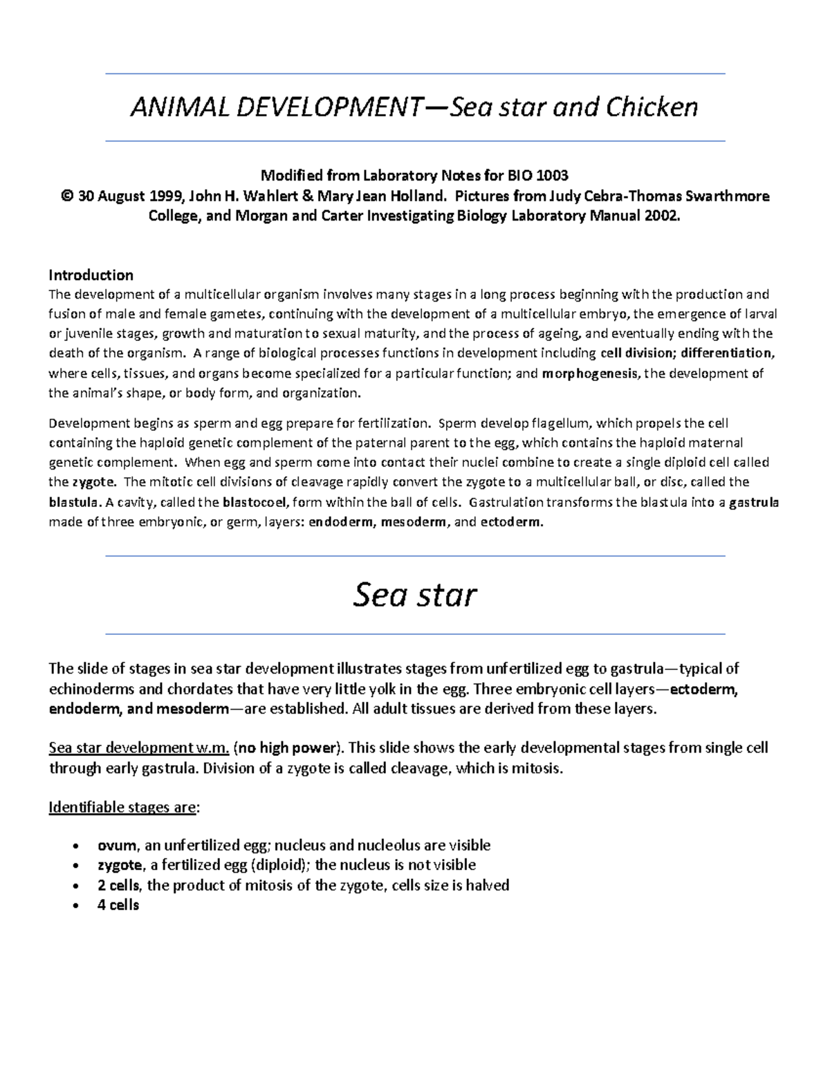 Animal Development Lab Notes: Sea Star & Chicken (BIO 1003) - Studocu