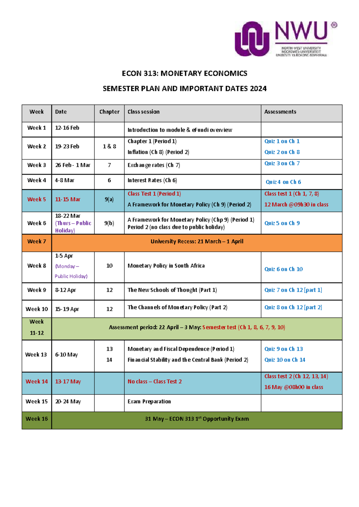 ECON 313 Semester Plan & Important Dates for 2024 - Studocu