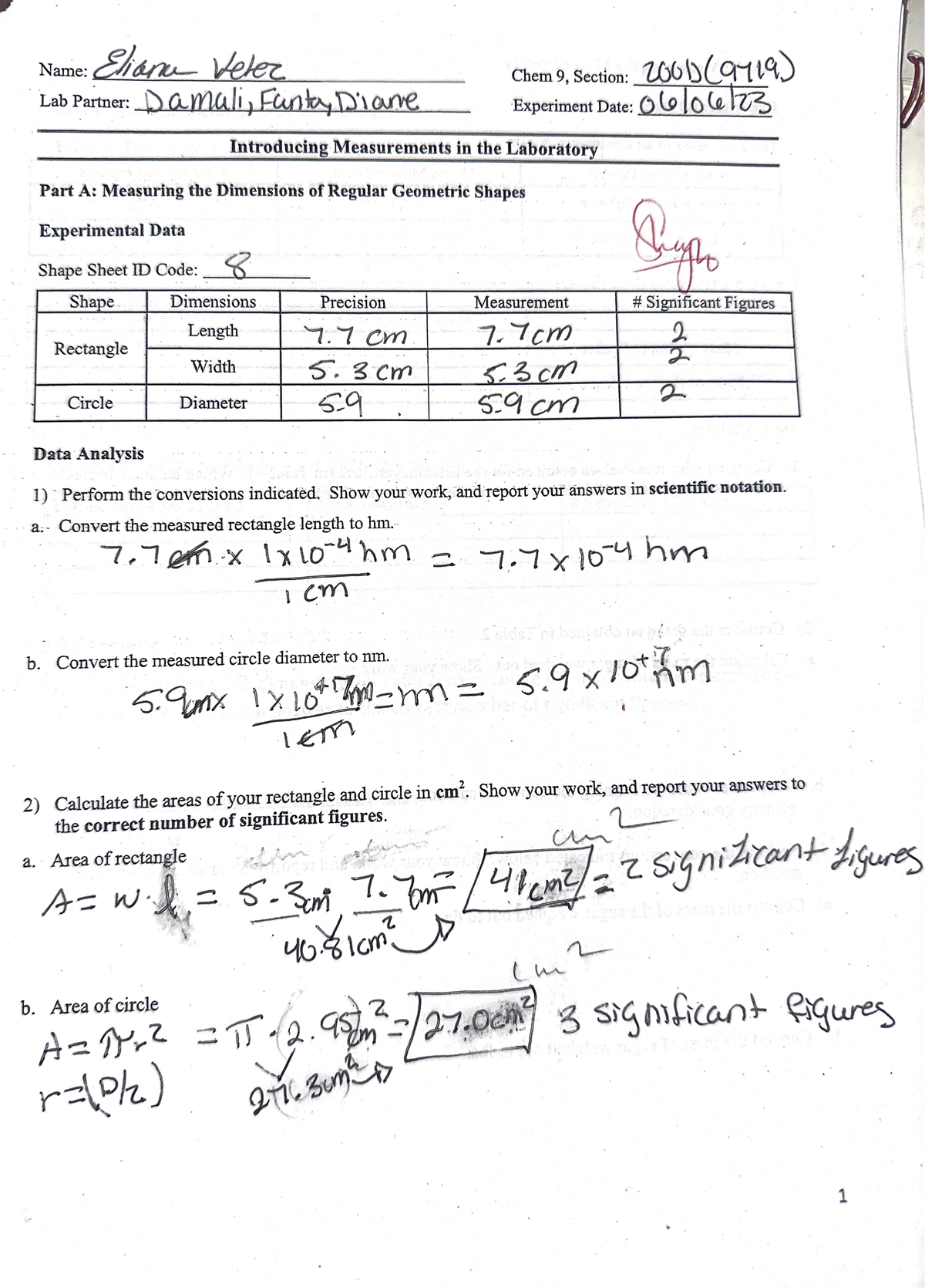 Lab Report 1 - Measurements in Molecular Structure (Chem 9, Sec 200D ...