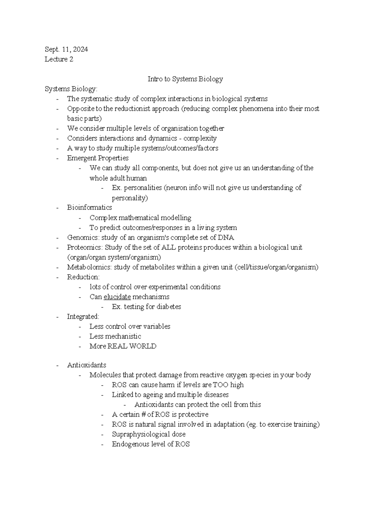 Intro to Systems Biology - Sept. 11, 2024 - Sept. 11, 2024 Lecture 2 ...