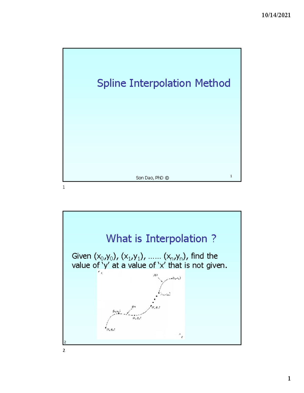 4-2 spline - Lecture note - 1 Spline Interpolation Method Son Dao, PhD ...