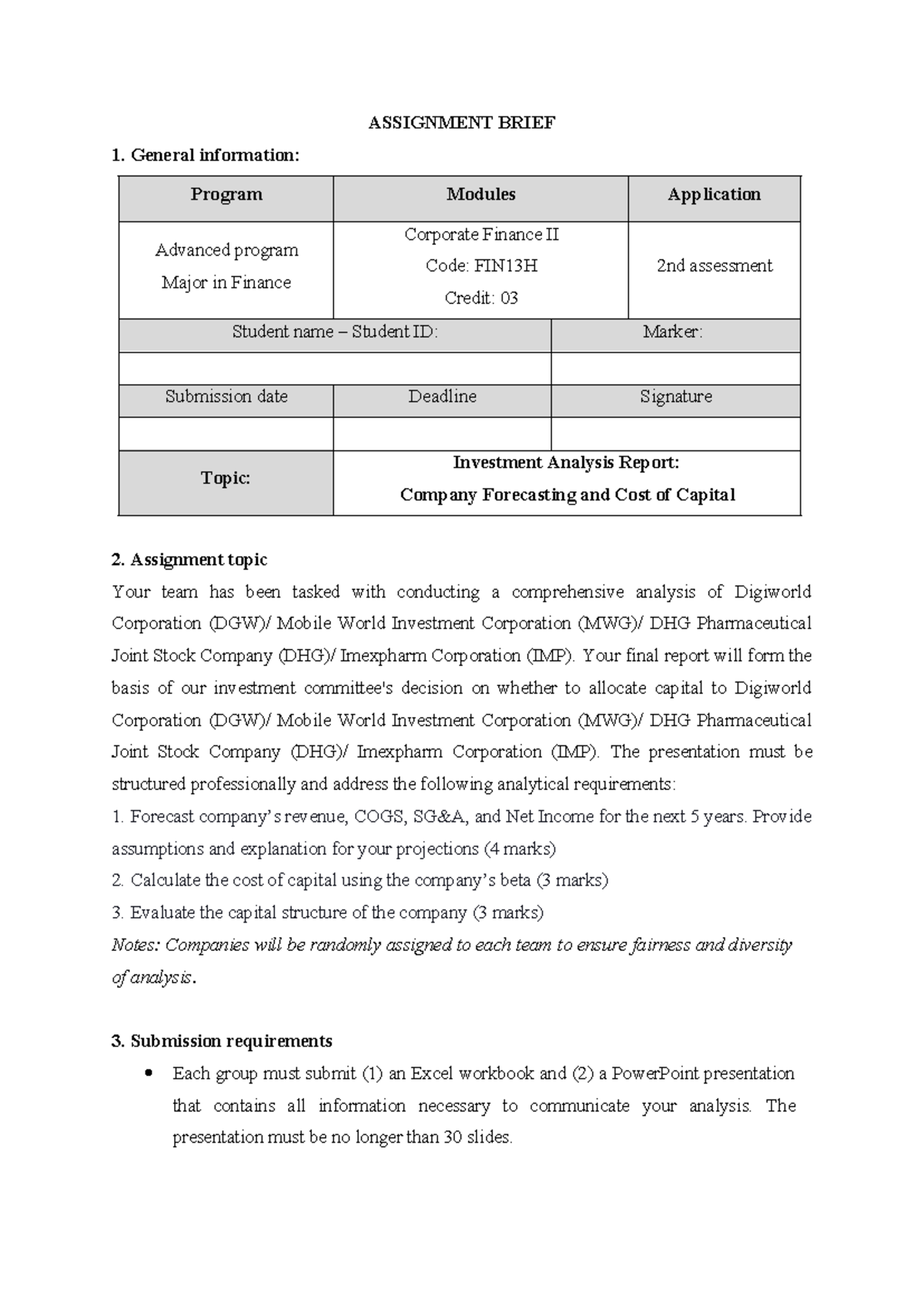Midterm Assignment: Investment Analysis Report for FIN13H - Studocu