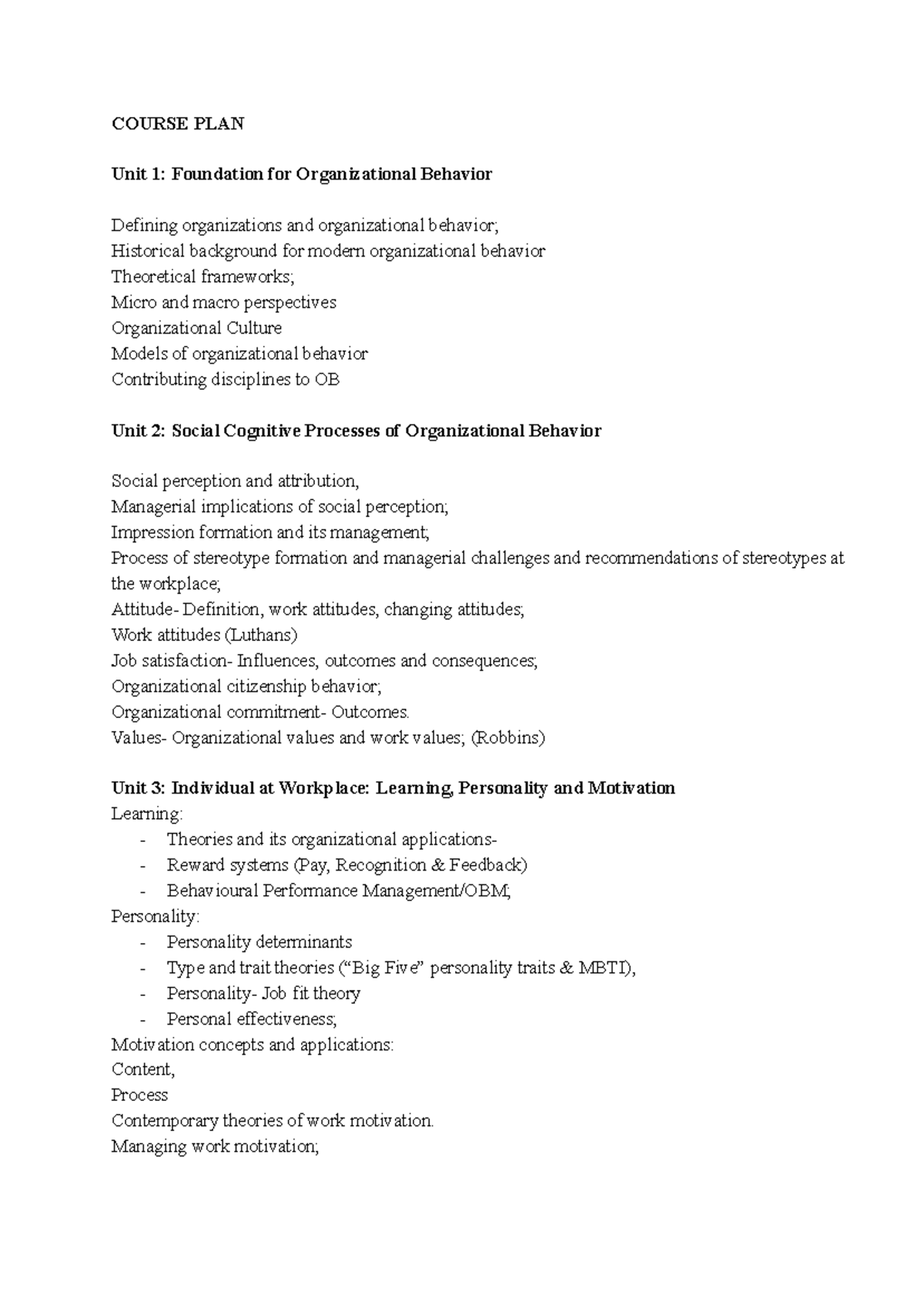Organizational Behavior (OB) Course Plan: Key Concepts & Theories - Studocu