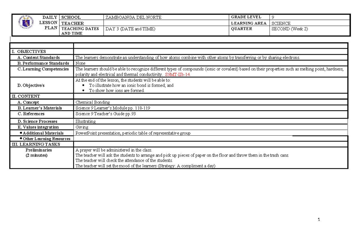 Sci 9 Q2 Week 2 Day 3 Lesson Plan: Understanding Ionic Bonding - Studocu