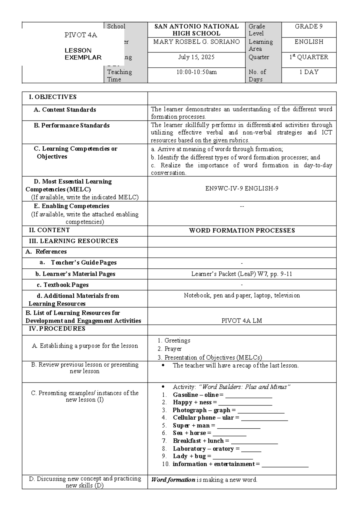 PIVOT 4A Grade 9 English Lesson Exemplar on Word Formation - Studocu