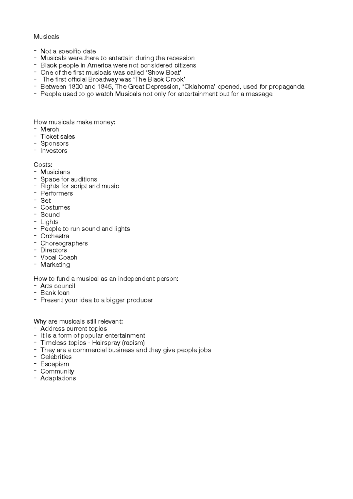 Theatre & Performance Intermediate Musical Short Notes - Musicals - Not ...