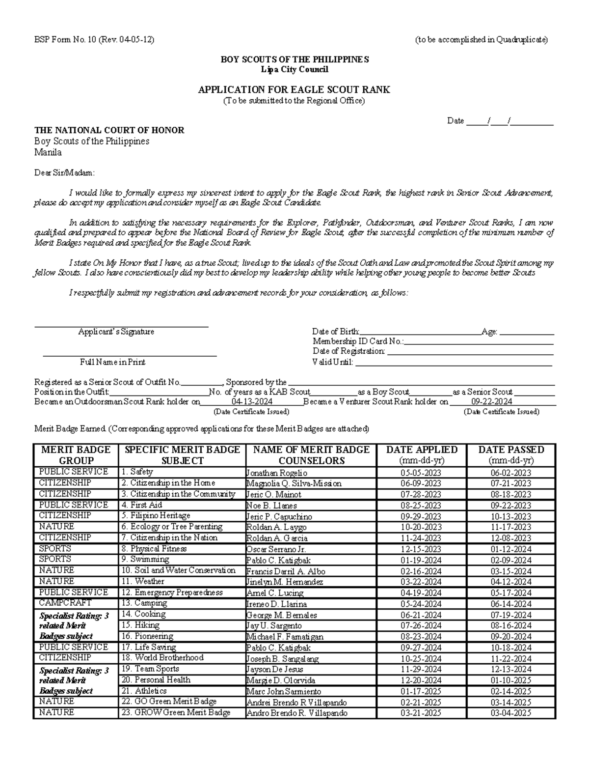 BSP Form No. 10: Eagle Scout Rank Application Submission - Studocu
